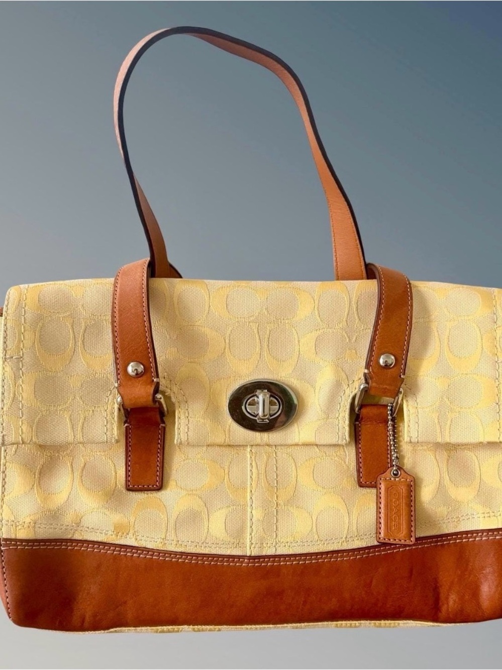 Coach Yellow Signature Canvas Shoulder Bag with Brown Leather Trim